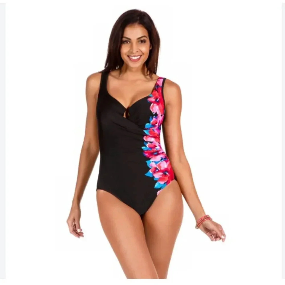 Miraclesuit One Piece Swim Bathing Suit Floral Print Blue Pink Black Size Small